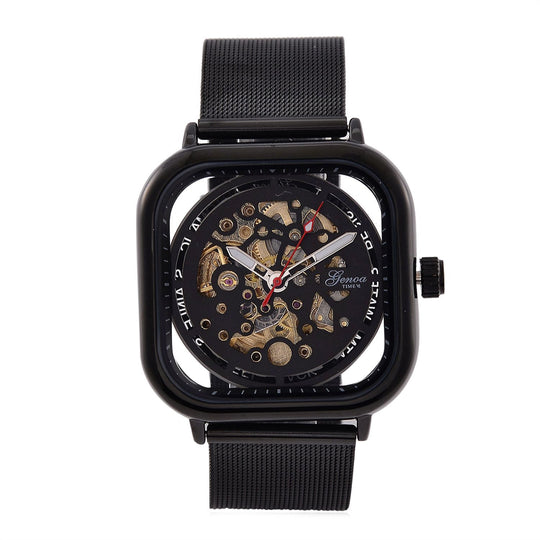 GENOA TIME V2 42mm Automatische Mechanikuhr - Schwarzes hohles Zifferblatt, Gehäuse aus Legierung mit IPS-Beschichtung, Edelstahl-Mesh-Armband, 3 ATM wasserdicht, 8.5 cm, schwarz