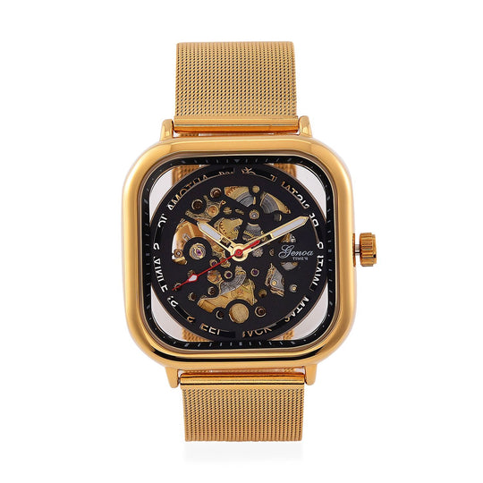 GENOA TIME V2 42mm Automatische Mechanikuhr - Schwarzes hohles Zifferblatt, Gehäuse aus Legierung mit IPS-Beschichtung, Edelstahl-Mesh-Armband, 3 ATM wasserdicht, 8.5 cm, schwarz