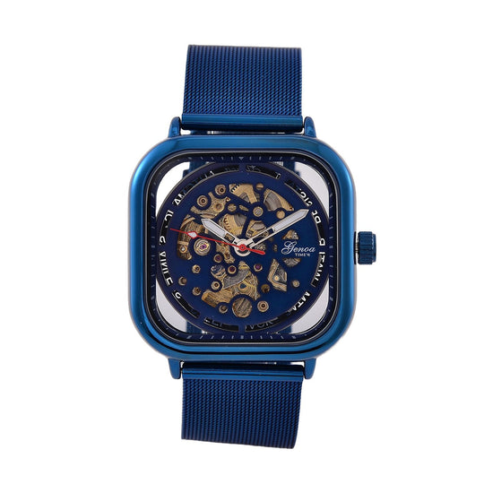GENOA TIME V2 42mm Automatische Mechanikuhr - Schwarzes hohles Zifferblatt, Gehäuse aus Legierung mit IPS-Beschichtung, Edelstahl-Mesh-Armband, 3 ATM wasserdicht, 8.5 cm, schwarz