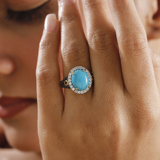 AAA Amerikanischer Natürlicher Sleeping Beauty Türkis, Blauer Saphir Ring 925 Silber 750 Gelbgold Vermeil (Größe 21.00) ca. 5.38 ct