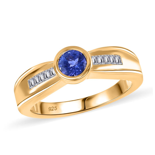 Tansanit, Weißer Zirkon Ring 925 Silber 750 Gelbgold Vermeil (Größe 17.00) ca. 0.82 ct