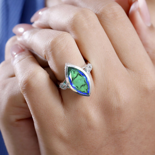Pfau Quarz Triplette, Weißer Zirkon Ring 925 Silber rhodiniert (Größe 17.00) ca. 9,02 ct