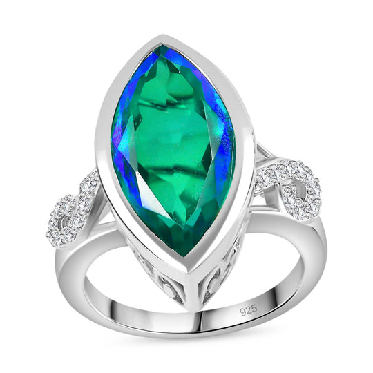 Pfau Quarz Triplette, Weißer Zirkon Ring 925 Silber rhodiniert (Größe 17.00) ca. 9,02 ct