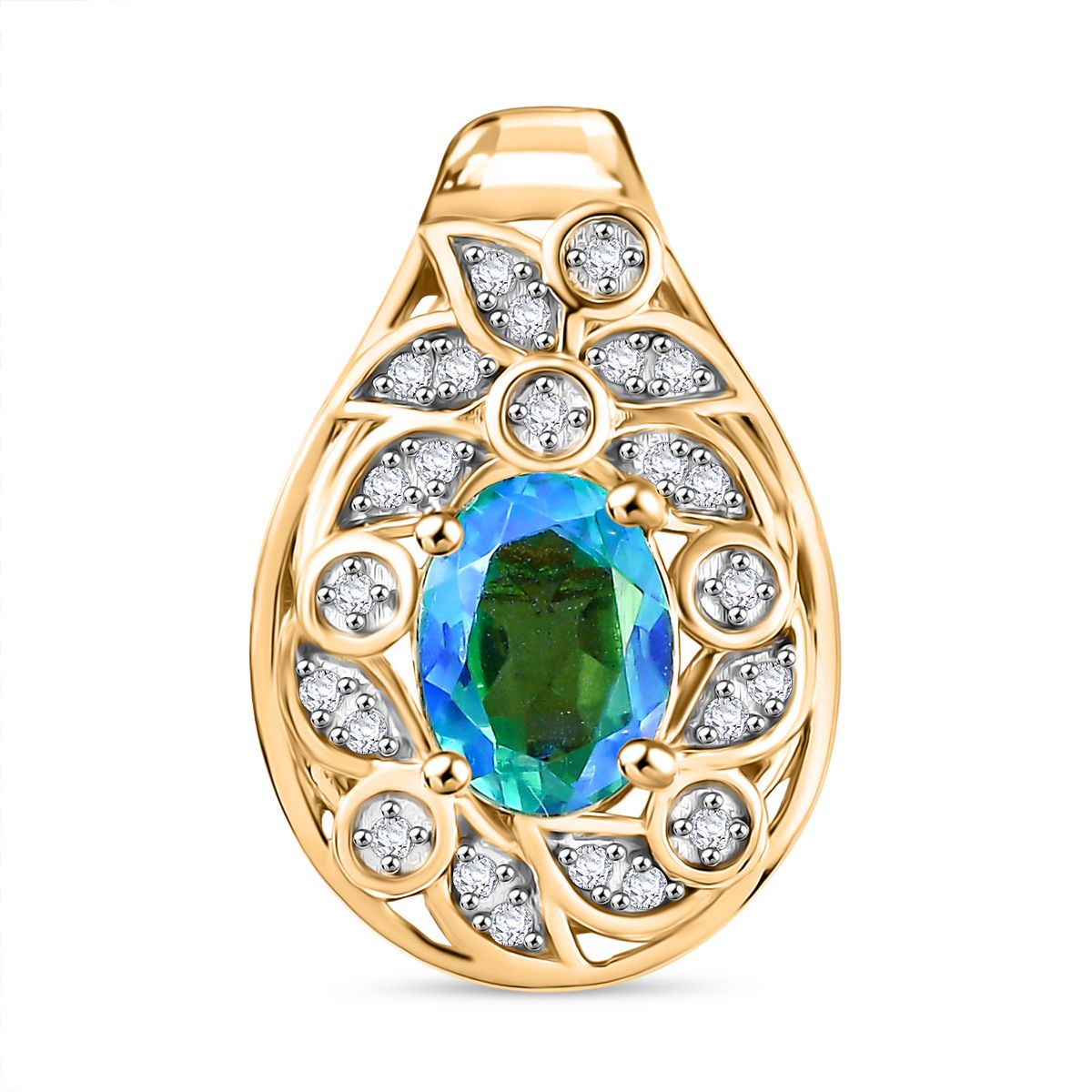 Pfau Quarz Triplette, Weißer Zirkon Anhänger 925 Silber 750 Gelbgold Vermeil ca. 1.72 ct