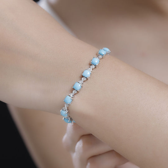 Amerikanischer natürlicher Sleeping Beauty Türkis, Weißes Zirkon Armband ca. 19 cm 925 Silber rhodiniert ca. 11.23 ct