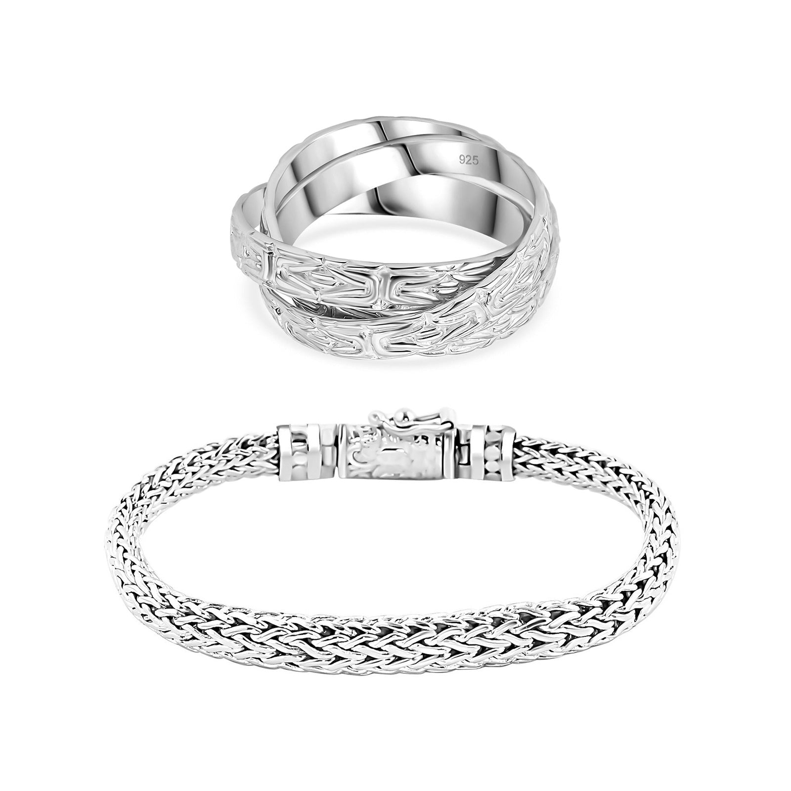 Royal Bali Kollektion- Borobudur Wickelring Trio und Tulang Naga Armband in 925 Silber