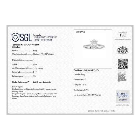 LUXURIANT DIAMOND - Lab Grown Diamant VS-EF SGL zertifiziert (10 - 15 Lieferzeit) Ring 950 Platin (Größe 17.00) ca. 2.00 ct
