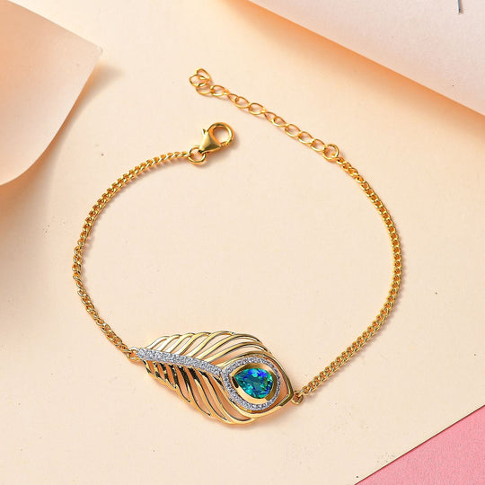 Pfau Quarz Triplette, Weißer Zirkon Armband ca. 19 cm + 5 cm Extender, 925 Silber 750 Gelbgold Vermeil ca. 2.48 ct