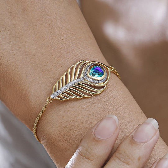 Pfau Quarz Triplette, Weißer Zirkon Armband ca. 19 cm + 5 cm Extender, 925 Silber 750 Gelbgold Vermeil ca. 2.48 ct