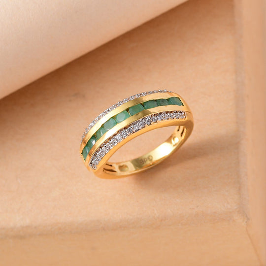 Kagem Sambischer Smaragd, Weißer Zirkon Ring, Goldfarben ca. 0.95 ct