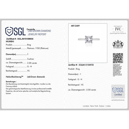 LUXURIANT DIAMOND - Lab Grown Diamant VS-GH SGL zertifiziert Ring 950 Platin (Größe 17.00) ca. 2.00 ct