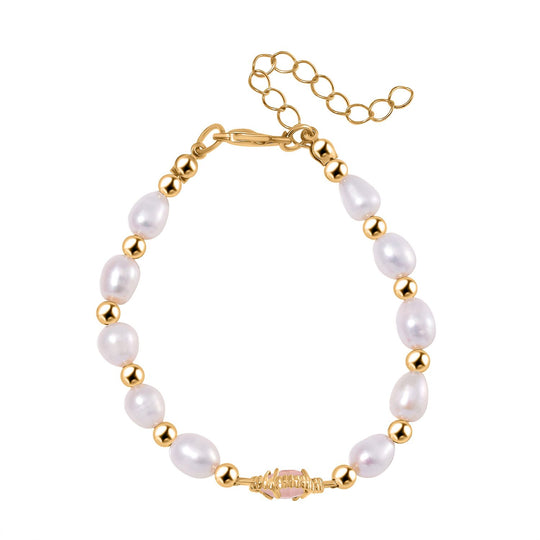 Weißes Glas und weiße Süßwasser Perle 17,5+5cm Armband, Legierung vergoldet