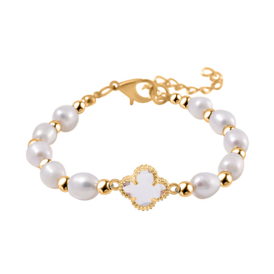 Weißes Glas und weiße Süßwasser Perle 17,5+5cm Armband, Legierung vergoldet