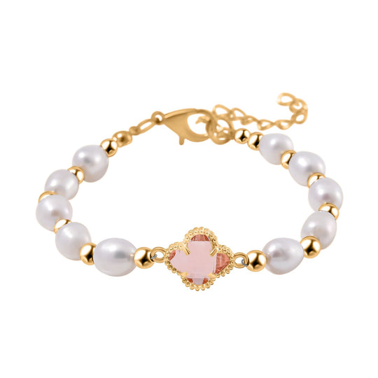 Weißes Glas und weiße Süßwasser Perle 17,5+5cm Armband, Legierung vergoldet