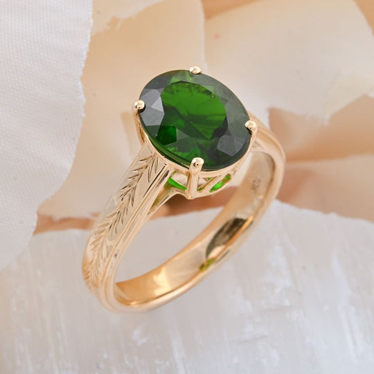 AAA Natürlicher Chromdiopsid Ring, AGI zertifiziert und geprüft, 417 Gelb Gold (Größe 18.00) ca. 2,65 ct