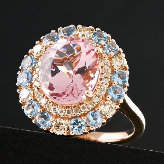 LUXORO zertifizierter und geprüfter AAA Rosa Morganit, Santamaria Aquamarin und I2 Diamant Halo Cocktail Ring in 417 Roségold - 4,85 ct.