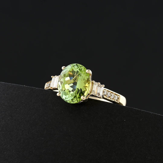 AAA Grüner Turmalin, Weißer Diamant Ring, AGI zertifiziert und geprüft,  417 Gold (Größe 19.00) ca. 3,10 ct