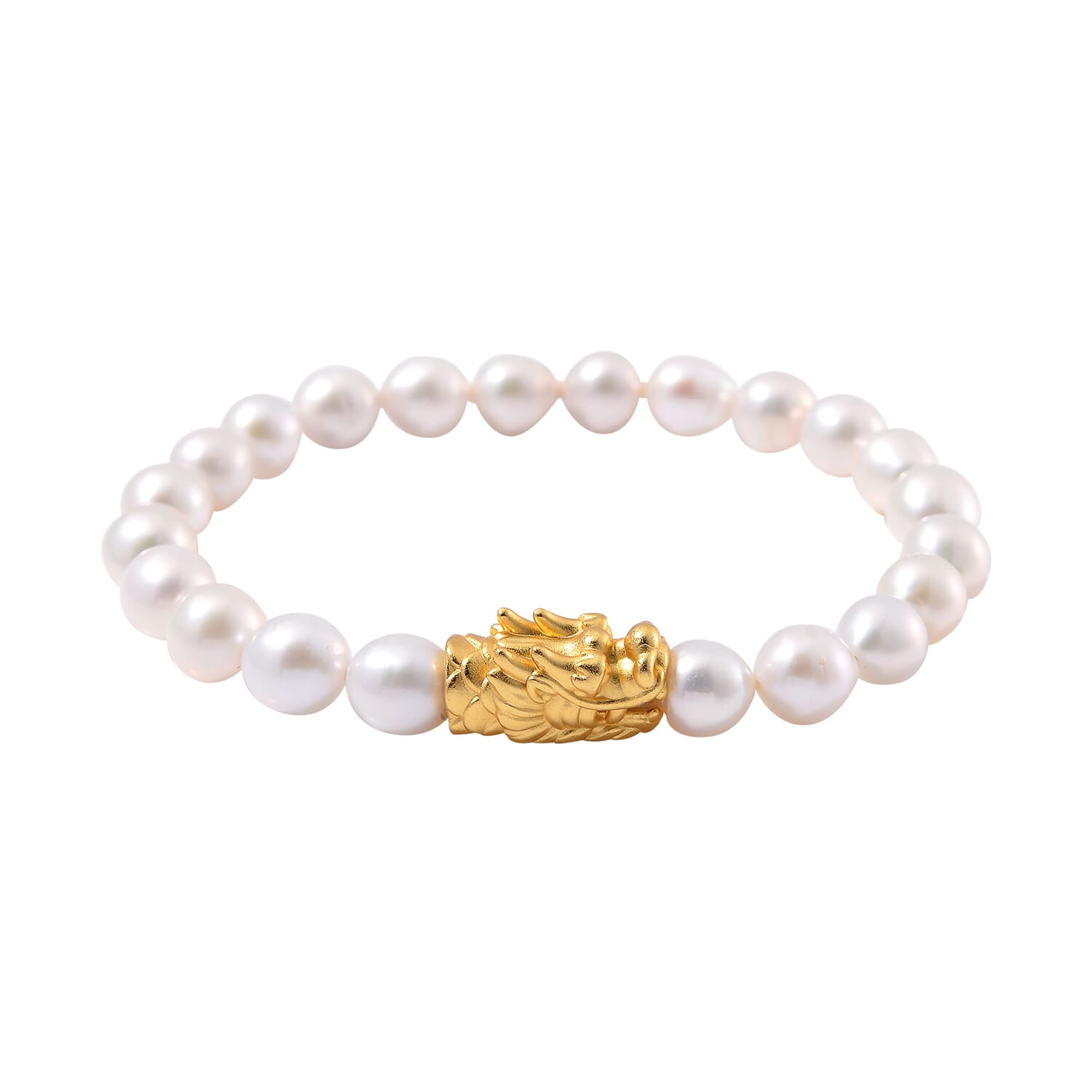 Weiße Anhui Perle (7-9 mm) Armband, Flexibles,925 Silber vergoldet