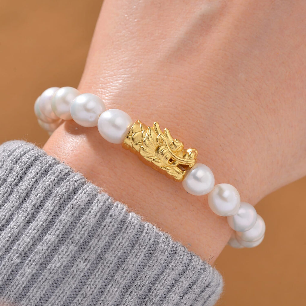 Weiße Anhui Perle (7-9 mm) Armband, Flexibles,925 Silber vergoldet