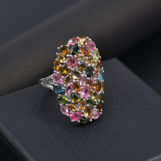 Mehrfarbig-Turmalin, Weißer Zirkon Ring 925 Silber rhodiniert ca. 5,09 ct