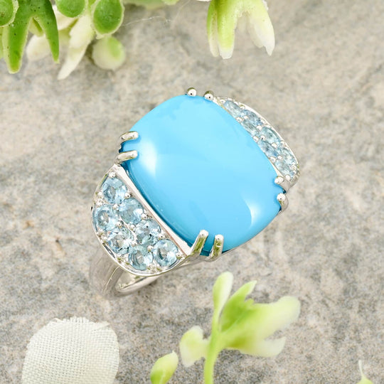 AAA Amerikanischer Sleeping Beauty Türkis (Kissen 16x12mm), Santamaria Aquamarin Ring, AGI zertifiziert und geprüft, 417 Gold (Größe 18.00) ca. 8.50 ct