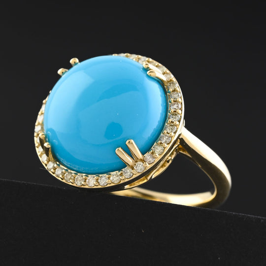 AAA Amerikanischer Natürlicher Sleeping Beauty Türkis (Rund 14mm), Weißer Diamant AGI zertifiziert und geprüft Ring 417 Gelb Gold (Größe 18.00) ca. 8.65 ct