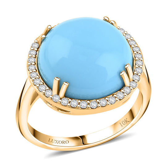 AAA Amerikanischer Natürlicher Sleeping Beauty Türkis (Rund 14mm), Weißer Diamant AGI zertifiziert und geprüft Ring 417 Gelb Gold (Größe 18.00) ca. 8.65 ct