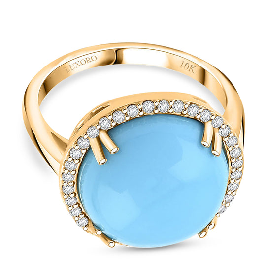 AAA Amerikanischer Natürlicher Sleeping Beauty Türkis (Rund 14mm), Weißer Diamant AGI zertifiziert und geprüft Ring 417 Gelb Gold (Größe 18.00) ca. 8.65 ct