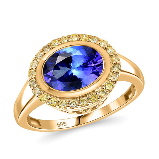 AAA Tansanit, Natürlicher gelber Diamant Ring 585 Gold (Größe 20.00) ca. 2,17 ct