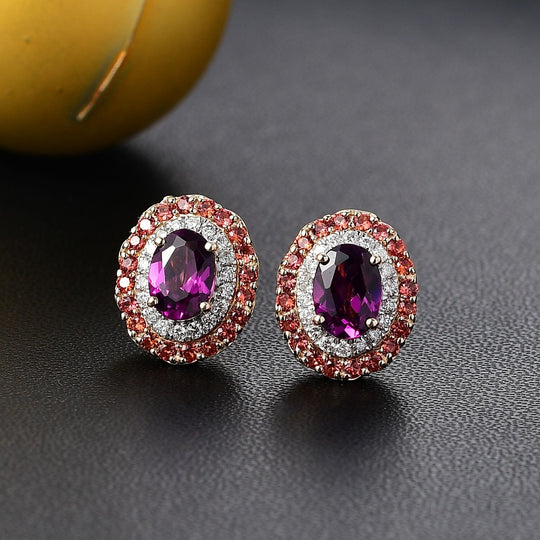 LUXORO zertifizierte und geprüfte AAA Radiant Ember Granat, Padparadscha Saphir und I2 Diamant Halo Ohrringe in 417 Gold - 3,16 ct.