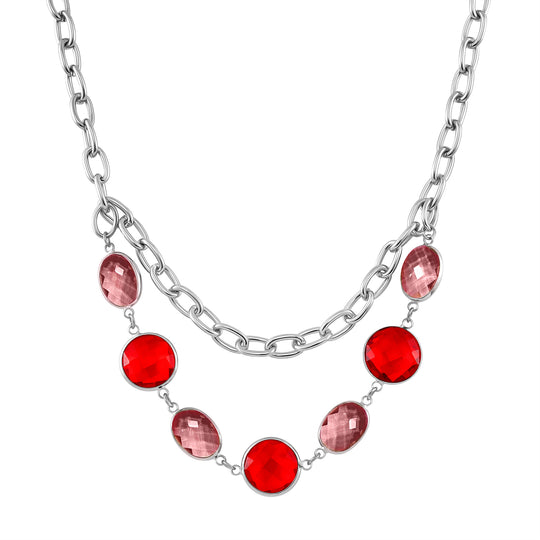 Collier mit roten und rosa Kristallen und silberfarbener Gliederkette, ca. 52 cm