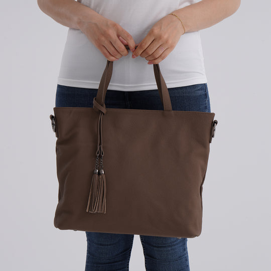 Echtleder-Tote-Bag mit Reißverschlussfach hinten, Doppeltragegriff und Schulterriemen, 35x10x33 cm, Braun