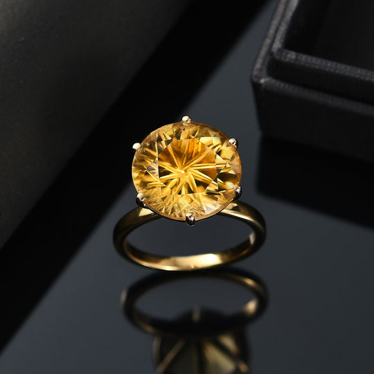 Sternlicht-Schliff - Citrin Ring, 925 Silber 750 Gelbgold Vermeil (Größe 18.00) ca. 9.42 ct