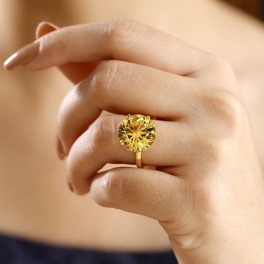 Sternlicht-Schliff - Citrin Ring, 925 Silber 750 Gelbgold Vermeil (Größe 18.00) ca. 9.42 ct