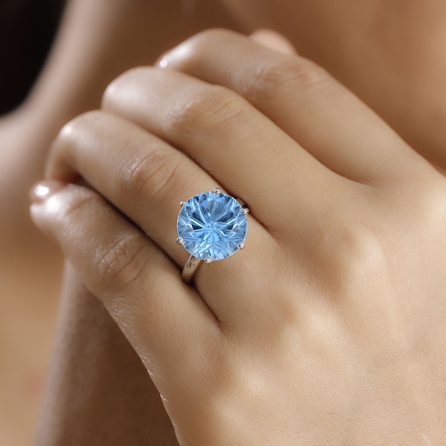 Sternlicht-Schliff Himmelblauer Topas Ring 925 Silber rhodiniert (Größe 18.00) ca. 11.87 ct