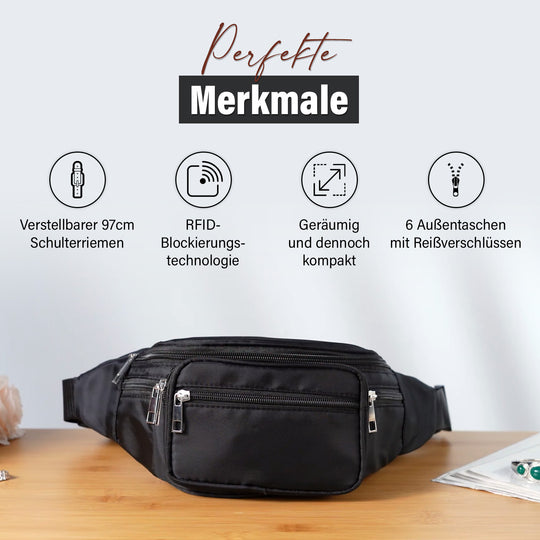 Gürteltasche mit RFID-Schutz, Nylon, 6 Reißverschlussfächer, Schnellverschluss, verstellbarer Schultergurt, Größe 37x10x13,5?cm, hellviolett