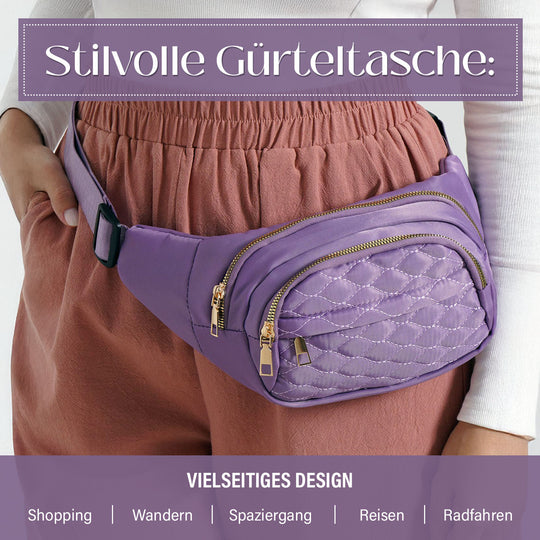 Gesteppte Nylon-Gürteltasche - RFID-Schutz, 4 Außenfächer, verstellbarer Schultergurt, 36?x?4?x13?cm, Grün