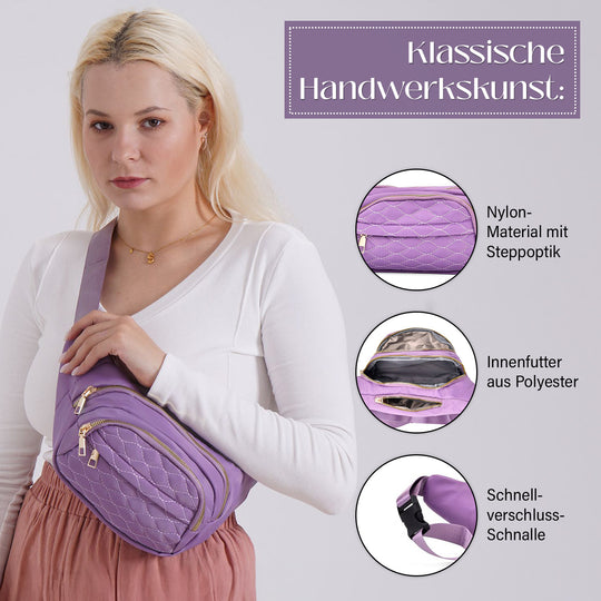Gesteppte Nylon-Gürteltasche - RFID-Schutz, 4 Außenfächer, verstellbarer Schultergurt, 36?x?4?x13?cm, Grün