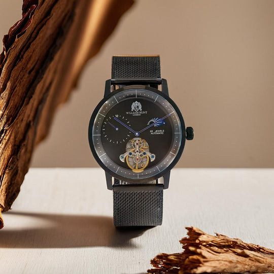 William Hunt Automatik-Uhr - IP-schwarzbeschichtetes Edelstahlgehäuse, weißes Multifunktionszifferblatt mit gewölbtem Glas, Edelstahl-Mesh-Armband, Glasboden, 5 ATM wasserdicht, Reiner Edelstahl
