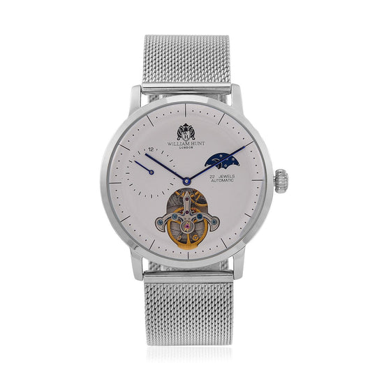 William Hunt Automatik-Uhr - IP-schwarzbeschichtetes Edelstahlgehäuse, weißes Multifunktionszifferblatt mit gewölbtem Glas, Edelstahl-Mesh-Armband, Glasboden, 5 ATM wasserdicht, Reiner Edelstahl
