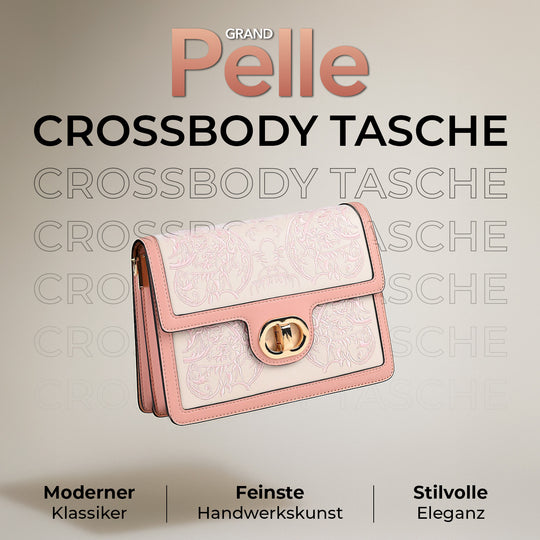 GRAND PELLE - Umhängetasche aus echtem Leder mit Stickerei, Klappdesign, Kettenriemen, 23x8x16?cm, Rosa