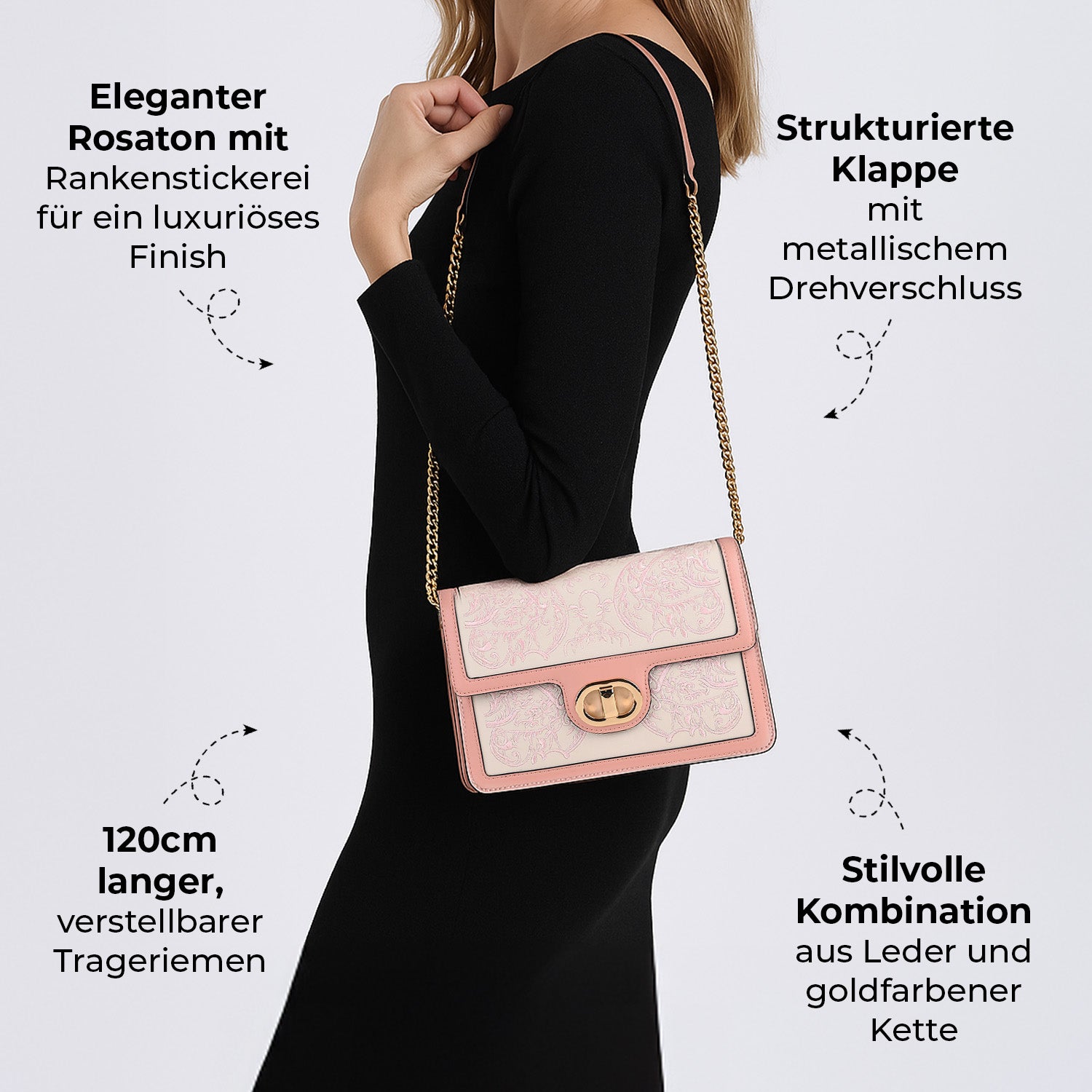 GRAND PELLE - Umhängetasche aus echtem Leder mit Stickerei, Klappdesign, Kettenriemen, 23x8x16?cm, Rosa