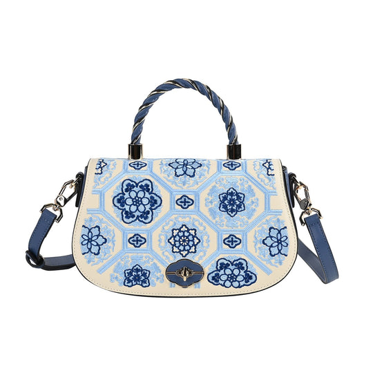 GRAND PELLE - Umhängetasche aus echtem Leder mit Blumen-Gitterstickerei, mit Henkel und Schulterriemen, 23x9x13?cm, Blau