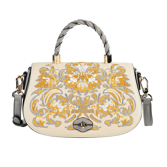 GRAND PELLE - Umhängetasche aus echtem Leder mit Blumen-Gitterstickerei, mit Henkel und Schulterriemen, 23x9x13?cm, Blau