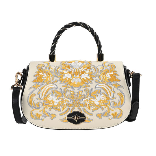 GRAND PELLE - Umhängetasche aus echtem Leder mit Blumen-Gitterstickerei, mit Henkel und Schulterriemen, 23x9x13?cm, Blau