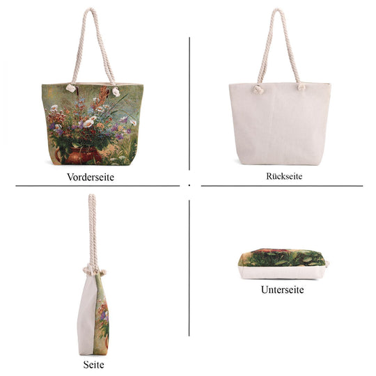 Jacquardgewebte Tasche aus Jute mit Futter, Reißverschluss und verstellbarer Kordel Riemen, 42 x 37 x 34 cm, Blumen