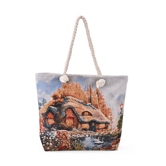 Jacquardgewebte Tasche aus Jute mit Futter, Reißverschluss und verstellbarer Kordel Riemen, 42 x 37 x 34 cm, Blumen