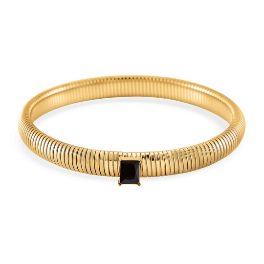 Schwarzes Kristall Armband, flexibel (ca. 18-19 cm), 316L Edelstahl, goldfarben