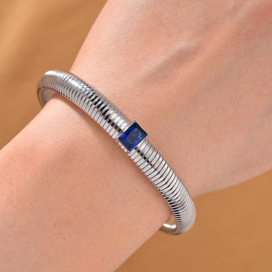 Blaues Kristall Armband, flexibel, Reiner Edelstahl, silberfarben