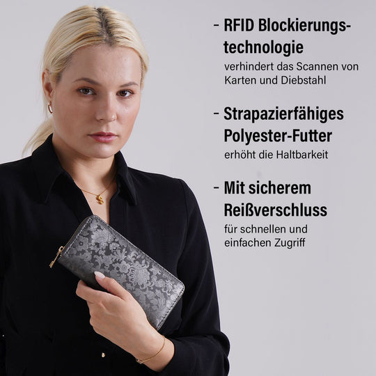 Brieftasche mit Renaissance-Prägung, RFID-Schutz, Münzfach und 8 Kartenfächern, 20 x 10 x 3 cm, silber